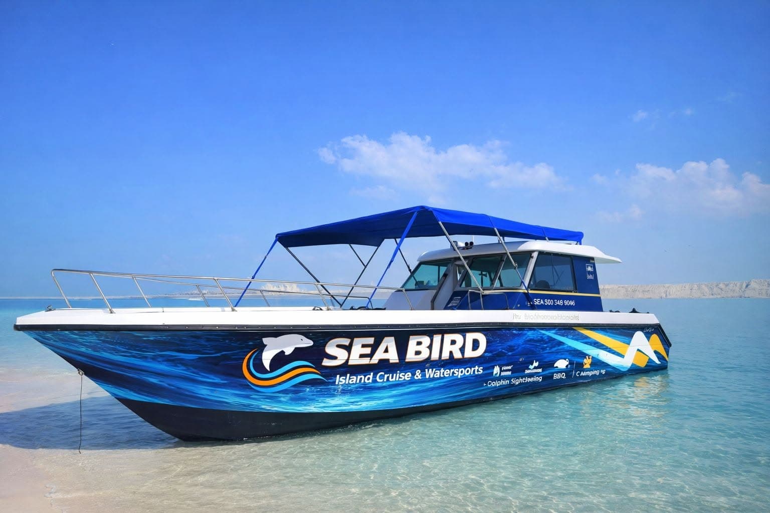 The Sea Bird boat, wrapped in blue ocean graphics, anchored in clear shallow water